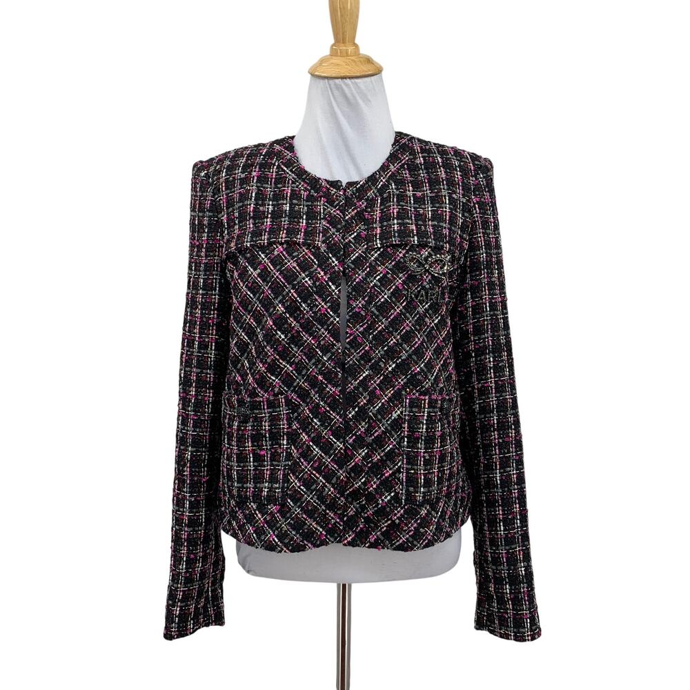 Karl Lagerfeld Jacket Womens 6 Black Tweed Rhinestones Logo Collarless Blazer